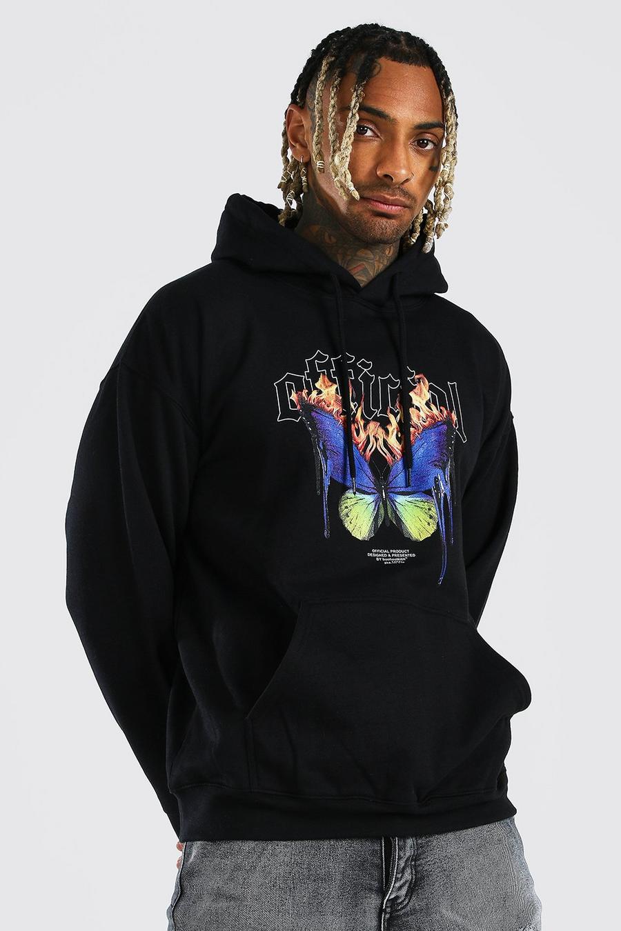 Black Oversized Official Butterfly Print Hoodie image number 1