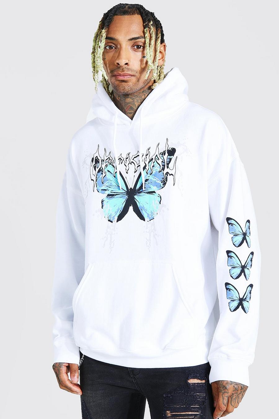 White "Official" Oversize hoodie med fjärilar längs ärmen image number 1