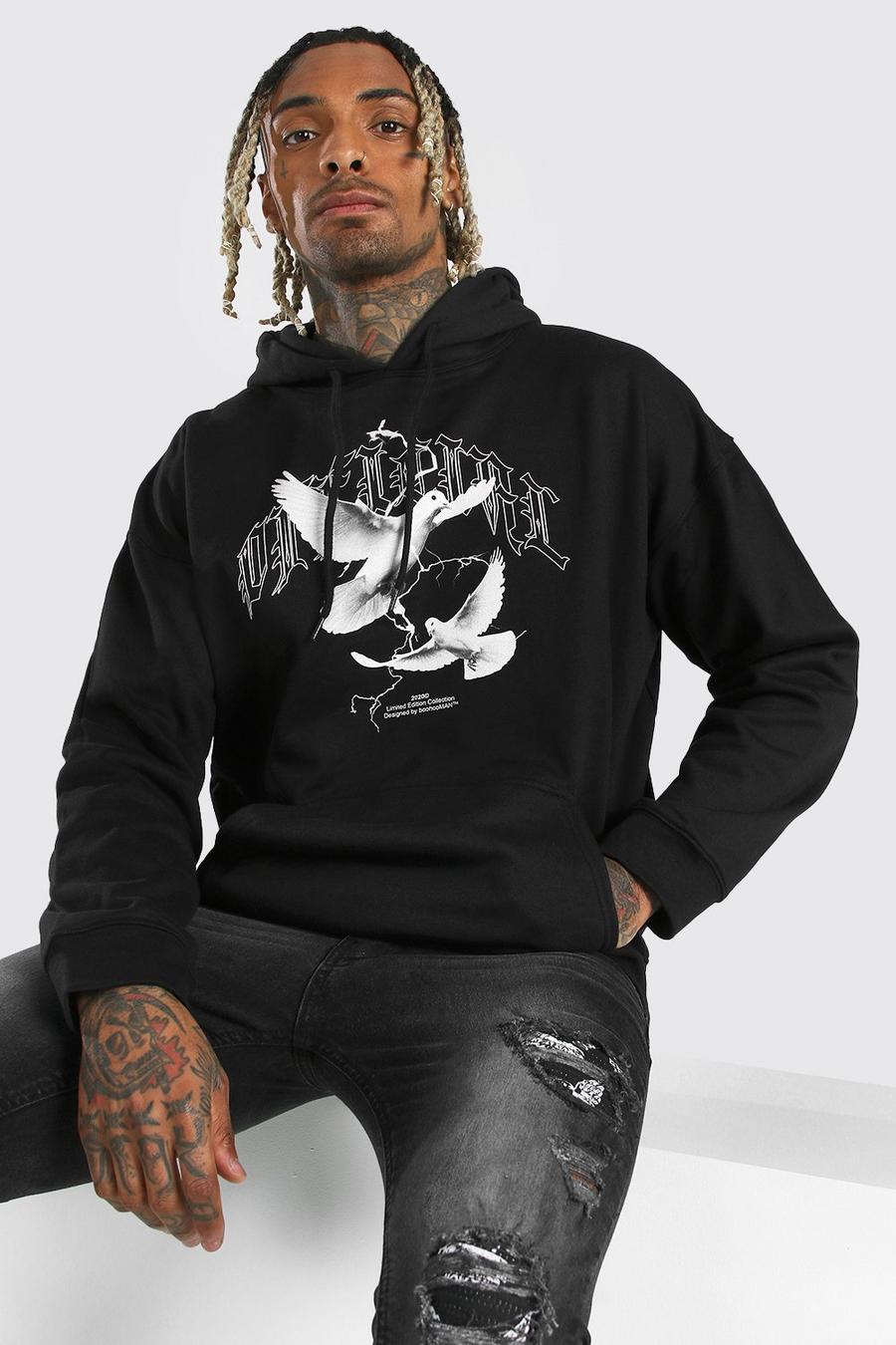 Black Oversized Official Dove Print Hoodie