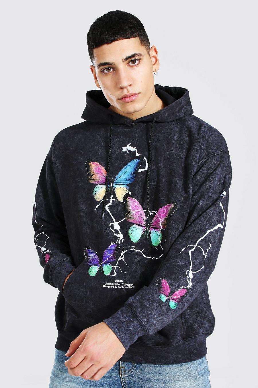 Charcoal Oversized Butterfly Sleeve Print Acid Wash Hoodie image number 1