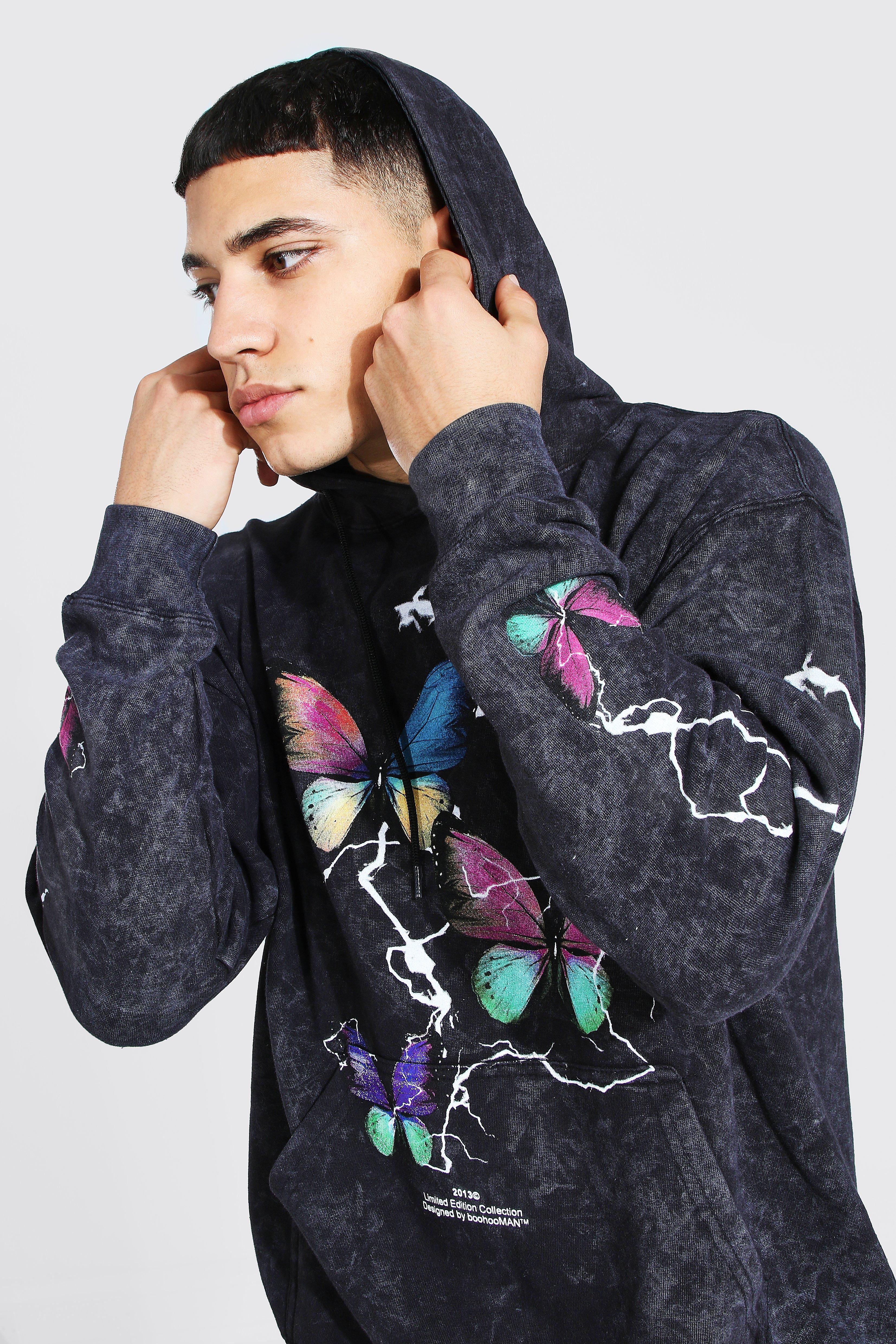 Oversized Butterfly Sleeve Print Acid Wash Hoodie boohoo NZ