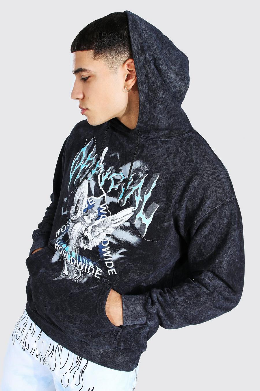 Charcoal Oversized Renaissance Print Acid Wash Hoodie image number 1