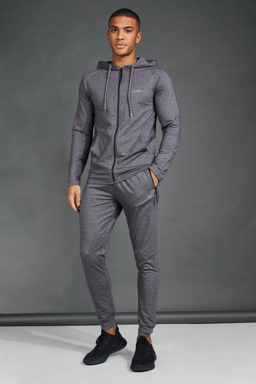 Charcoal Man Active Gym Skinny Fit Hooded Tracksuit image number 1