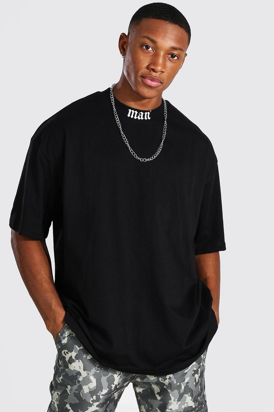 Black Oversized Man T-Shirt Met Opdruk En Verlengde Hals image number 1