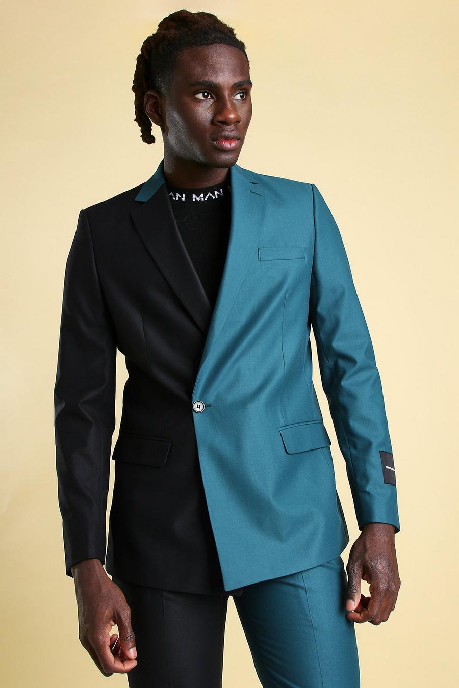 Teal MAN Skinny Plain Spliced Double Breasted Suit Jacket image number 1