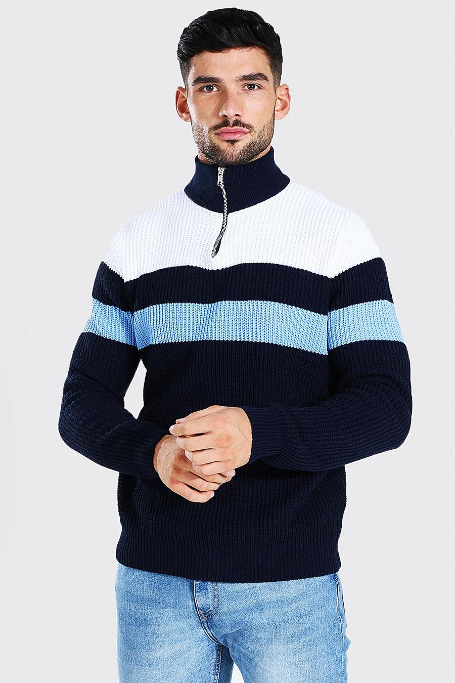 Navy Half Zip Colour Block Chunky Ribbed Jumper image number 1
