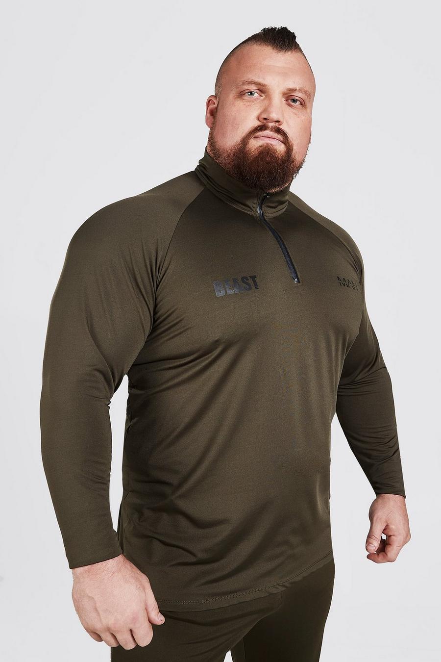 Camiseta de gimnasio ajustada con cuello alzado con cremallera MAN Active X Beast, Caqui image number 1