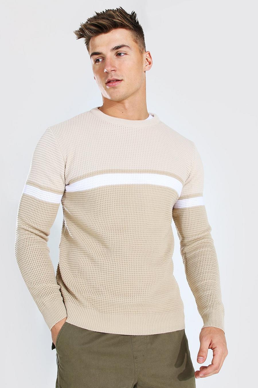 Taupe beige Stickad tröja i muscle fit med blockfärger och rund hals image number 1