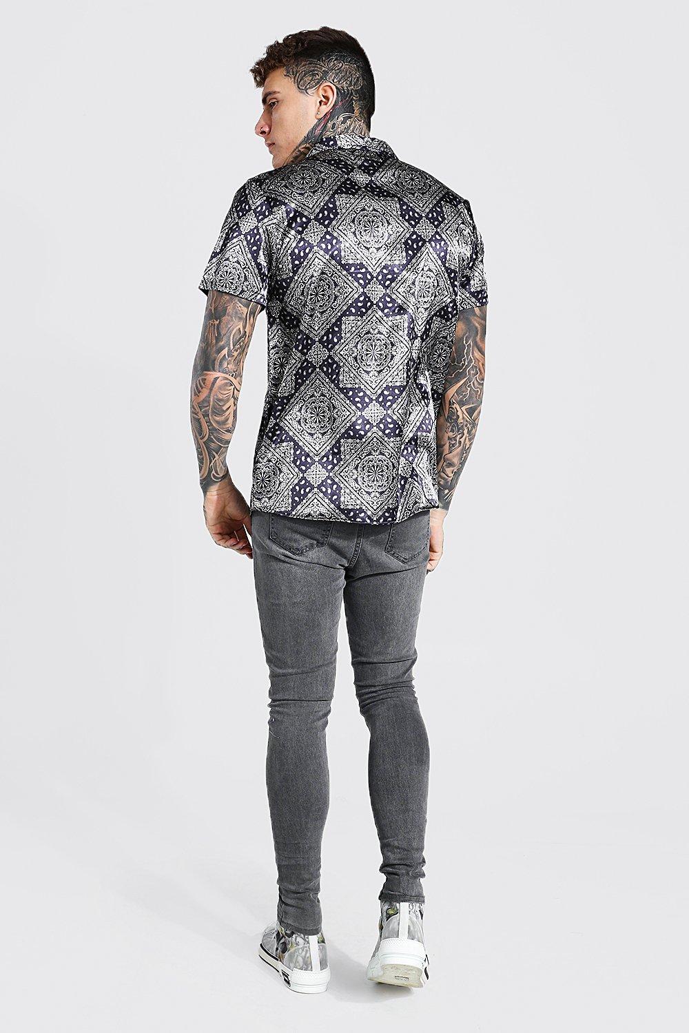 Navy regular fit bandana print revere shirt