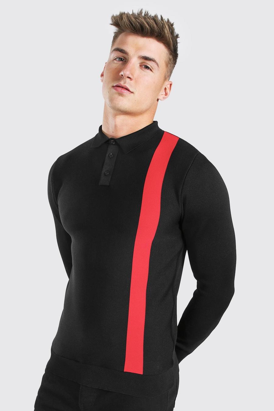 Langärmliges Muscle Fit Strick-Poloshirt aus Strick im Blockstreifen-Design, Schwarz image number 1