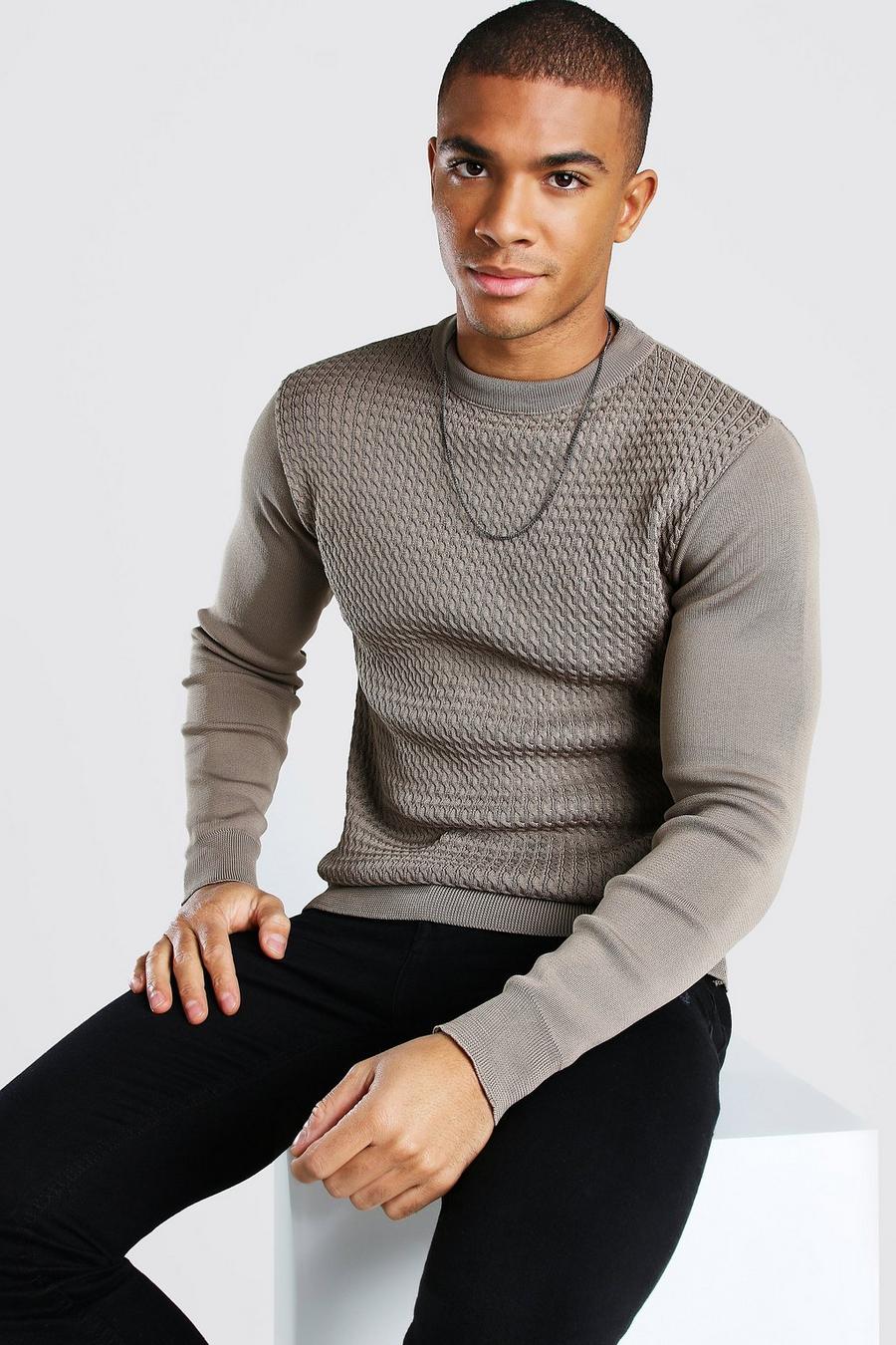 Taupe beige Textured Crew Neck Muscle Fit Jumper image number 1