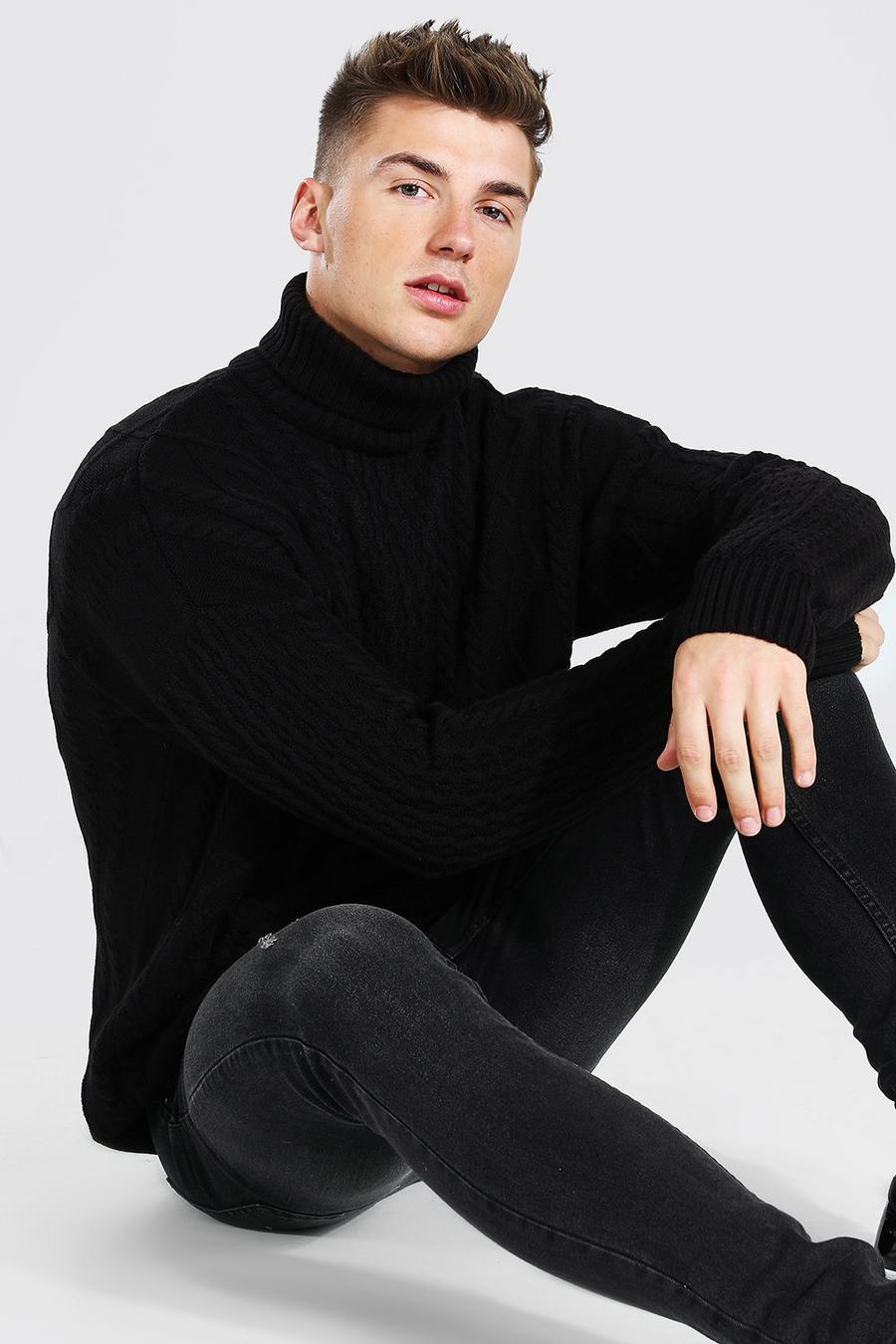 Black Roll Neck Chunky Cable Knitted Jumper image number 1