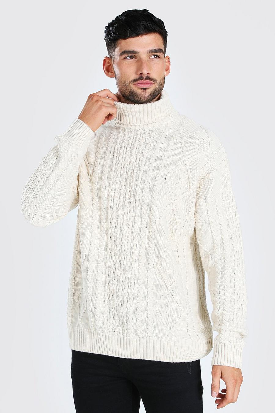 Ecru Turtleneck Chunky Cable Knit Sweater image number 1