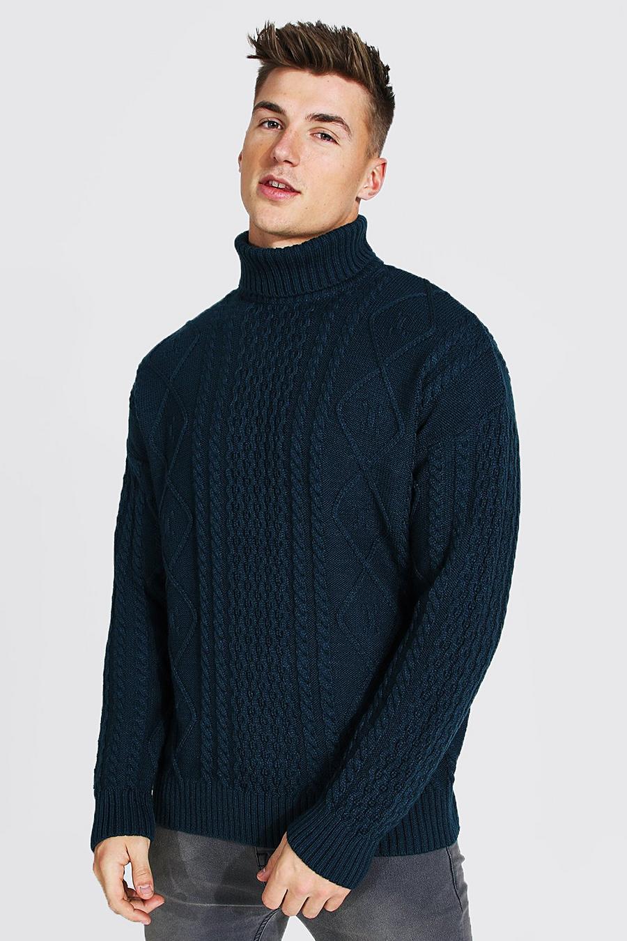 Roll Neck Chunky Cable Knit Jumper, Teal image number 1