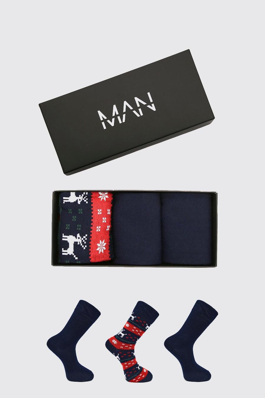 Caja con pack de 3 pares de calcetines navideños Fairisle, Azul marino image number 1