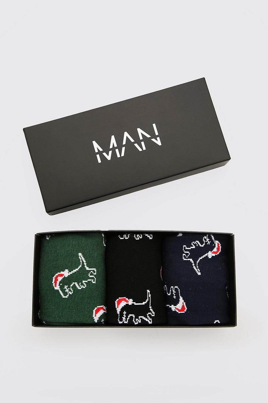 Multi 3 Pack Boxed Christmas Dinosaur Socks image number 1