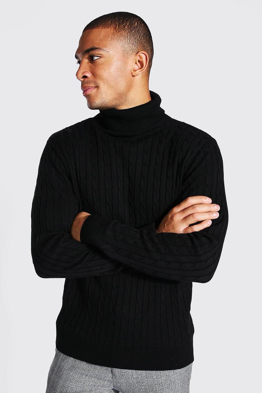 שחור סוודר בסריגת צמה עם צווארון מתגלגל image number 1