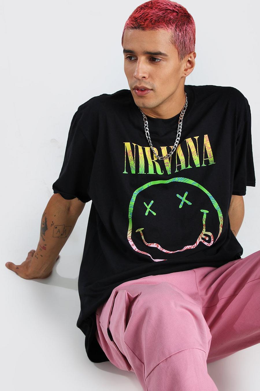 Camiseta ancha con estampado de sonrisa de Nirvana, Negro image number 1