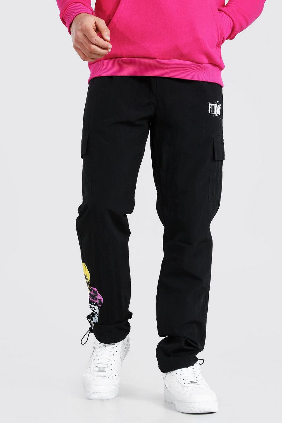 Black Shell Man Skull Cargo Pants With Bungee Cord image number 1