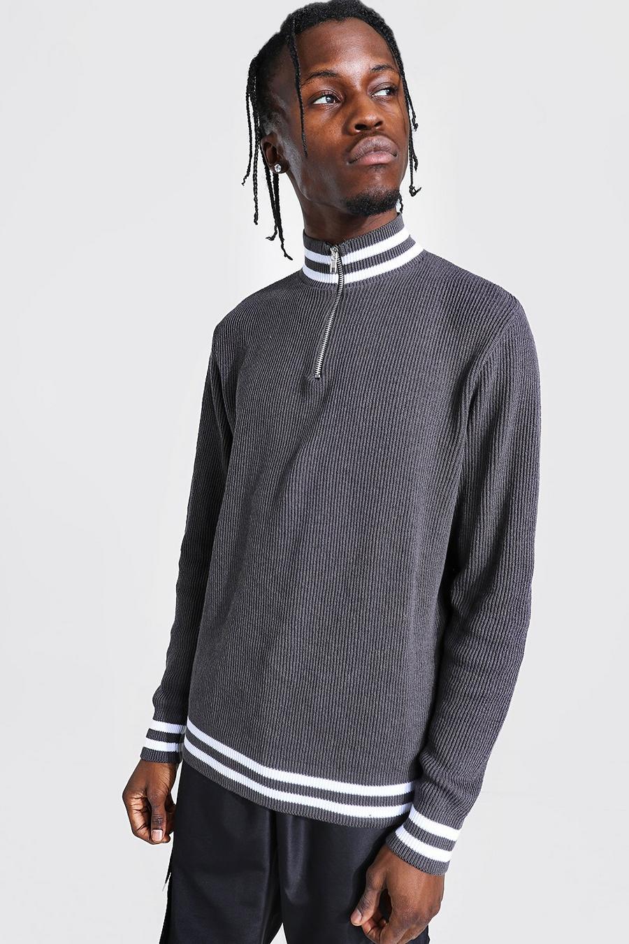 Grey Half Zip Ribbed Funnel Neck Sweater With Stripes image number 1