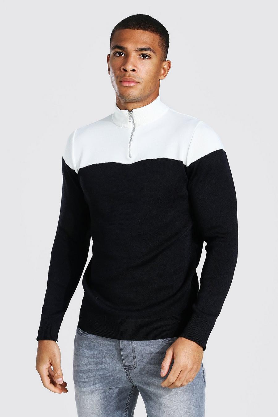 Ecru Stickad tröja med blockfärger, hög krage och kort dragkedja image number 1