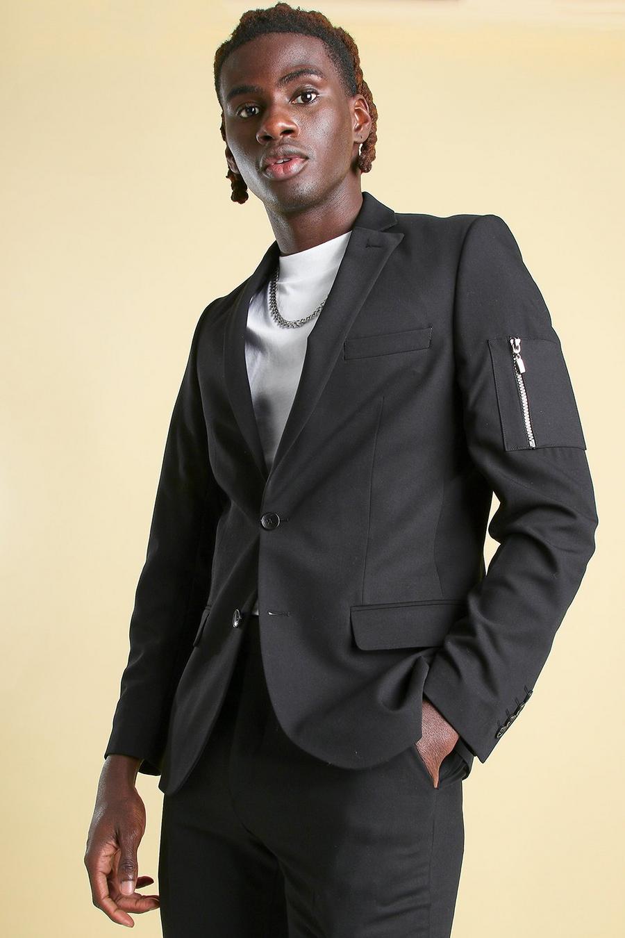 שחור ז'קט חליפה סקיני חלק עם כיס בסגנון Ma1 image number 1