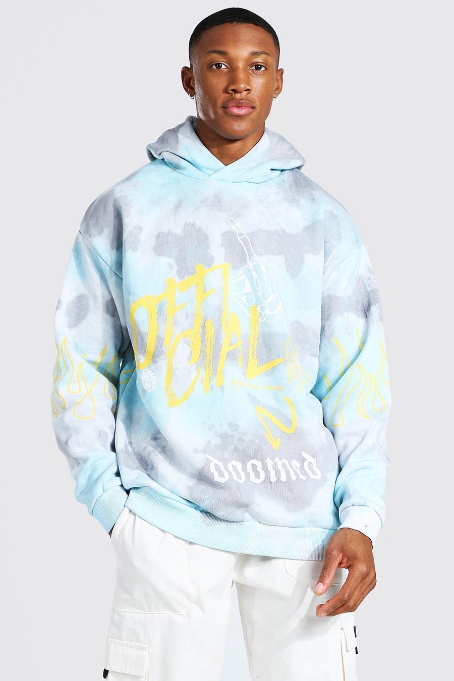 Blue Oversized Official Flame Print Tie Dye Hoodie image number 1