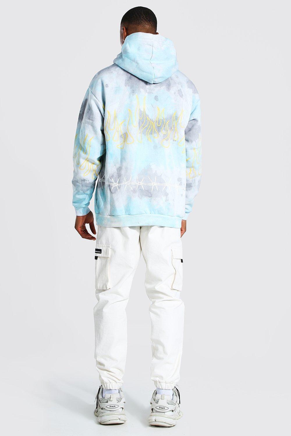 Men s Oversized Official Flame Print Tie Dye Hoodie boohoo