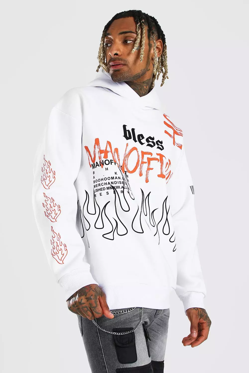 Boohooman hoodie with 2024 man print in white