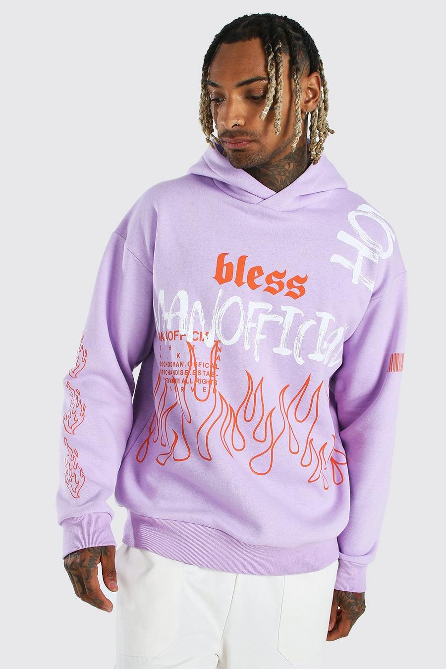 Purple Oversized Official MAN Flame Print Hoodie image number 1