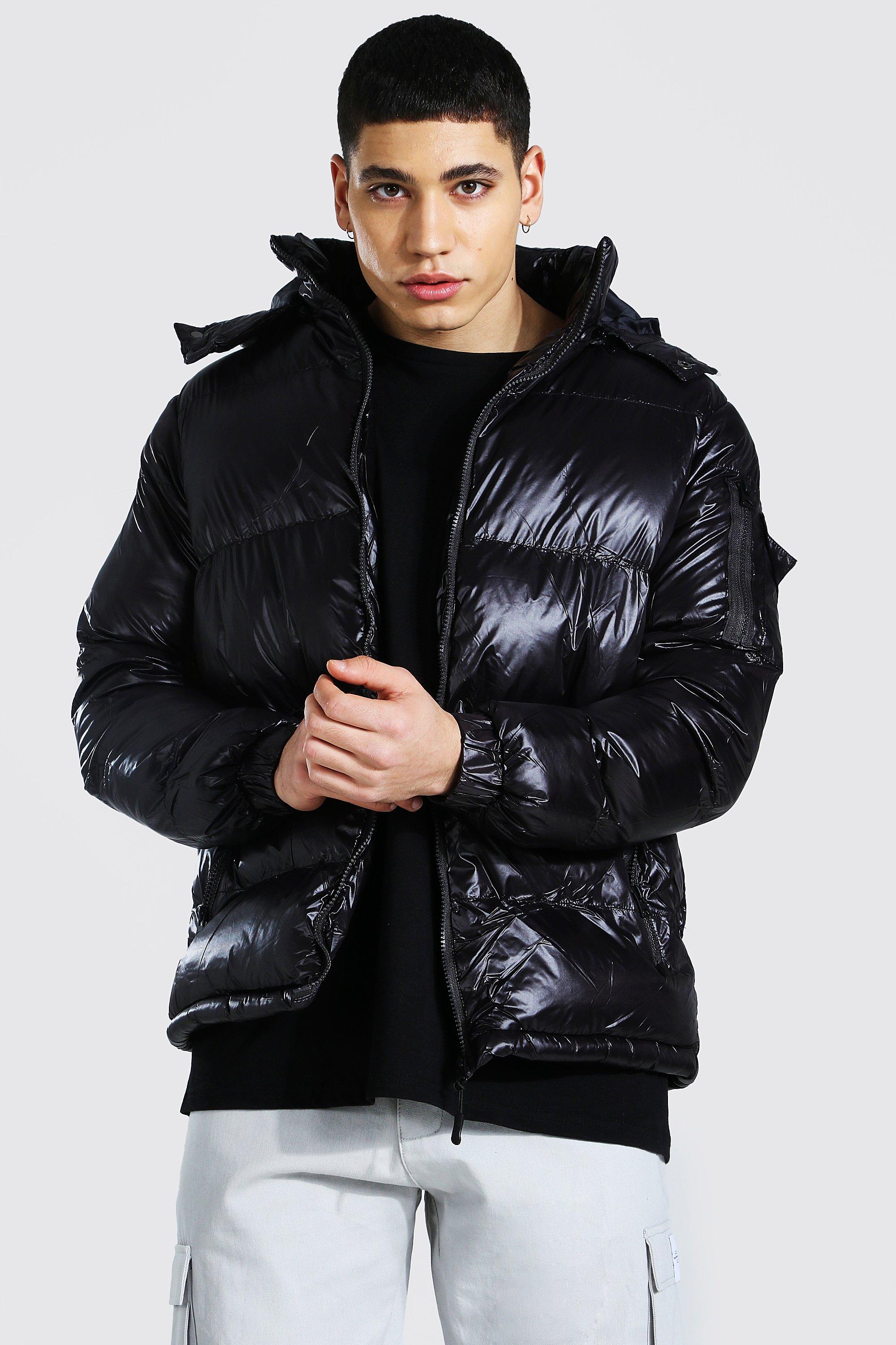 Plus Size High Shine Hooded Puffer Jacket BoohooMAN USA | epicrally.co.uk
