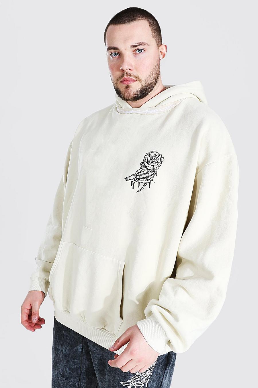 Ecru Plus size - MAN Överfärgad hoodie med dekorativt tryck vid halsen image number 1