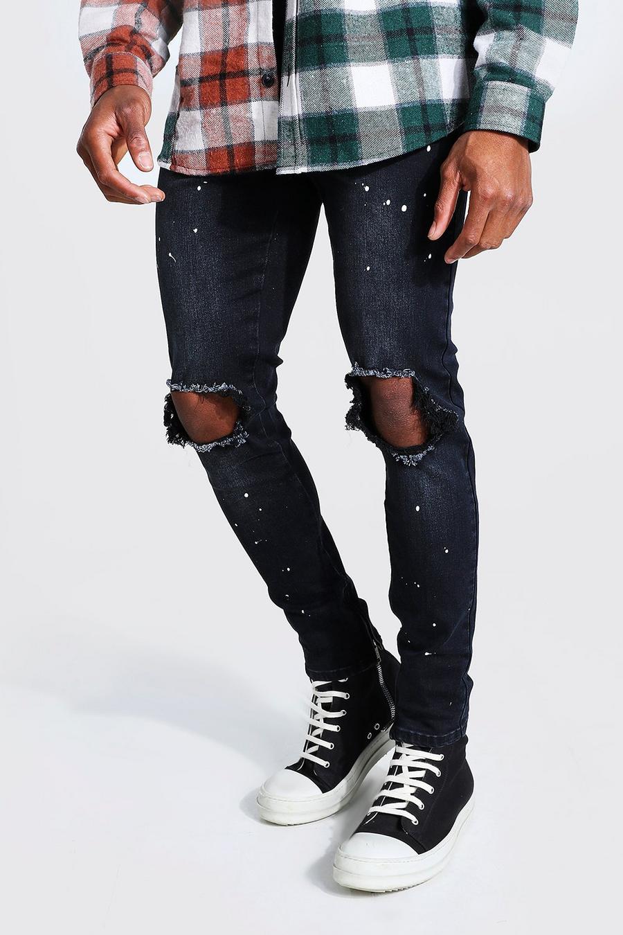 פחם סקיני ג'ינס סטרץ' עם כתמי צבע וקרעים גדולים בברכיים image number 1