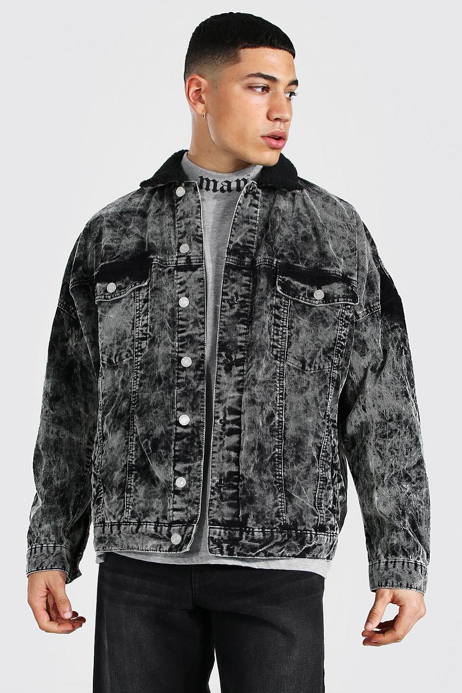 Dark grey Oversized Acid Wash Cord Borg Collar Jacket image number 1