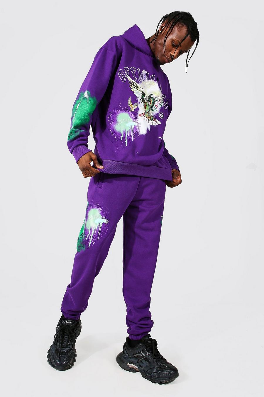 Oversized Official Man Dove Graphic Print Hoodie, Purple image number 1