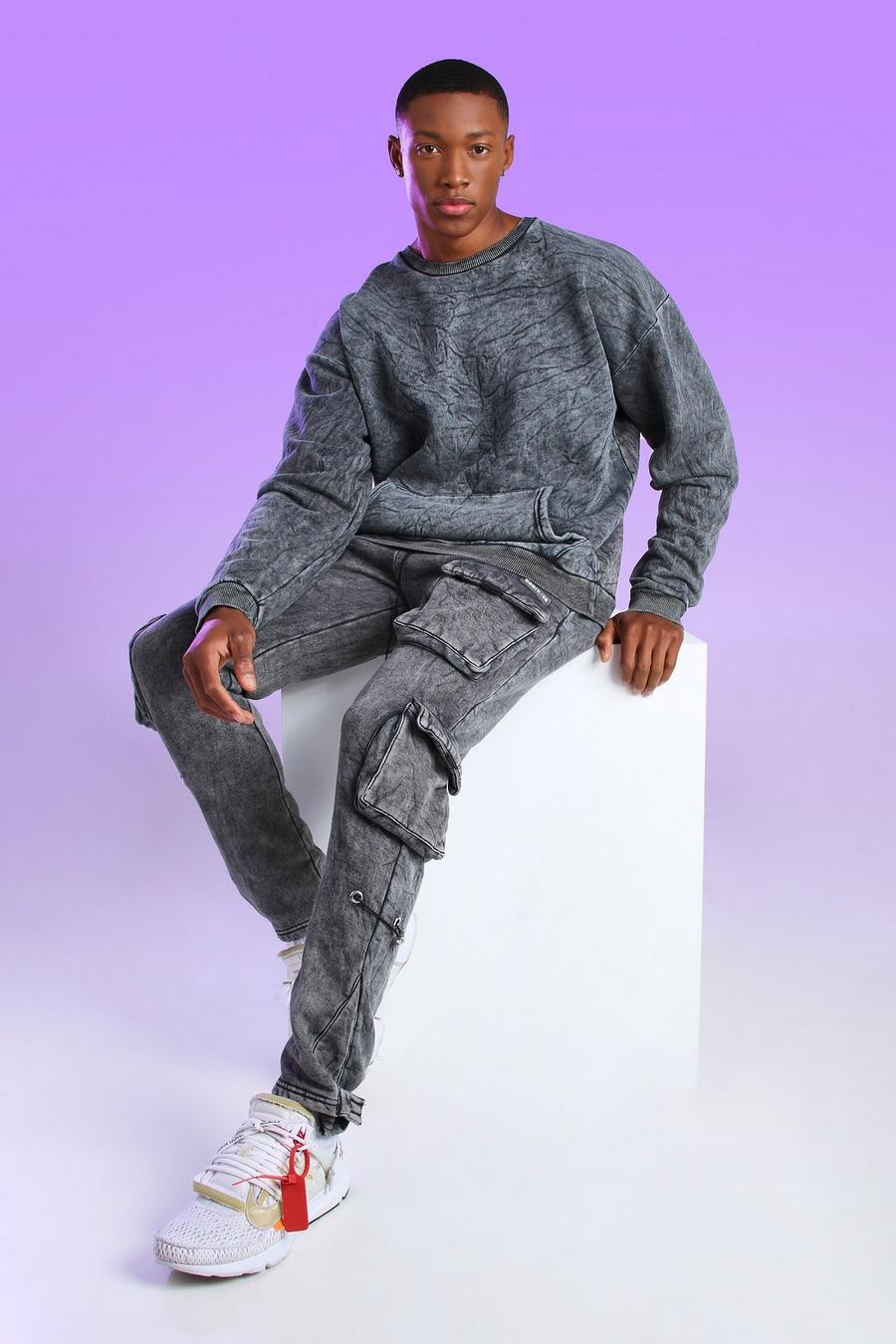 Charcoal grå Oversize stentvättad sweatshirt med cargoficka image number 1
