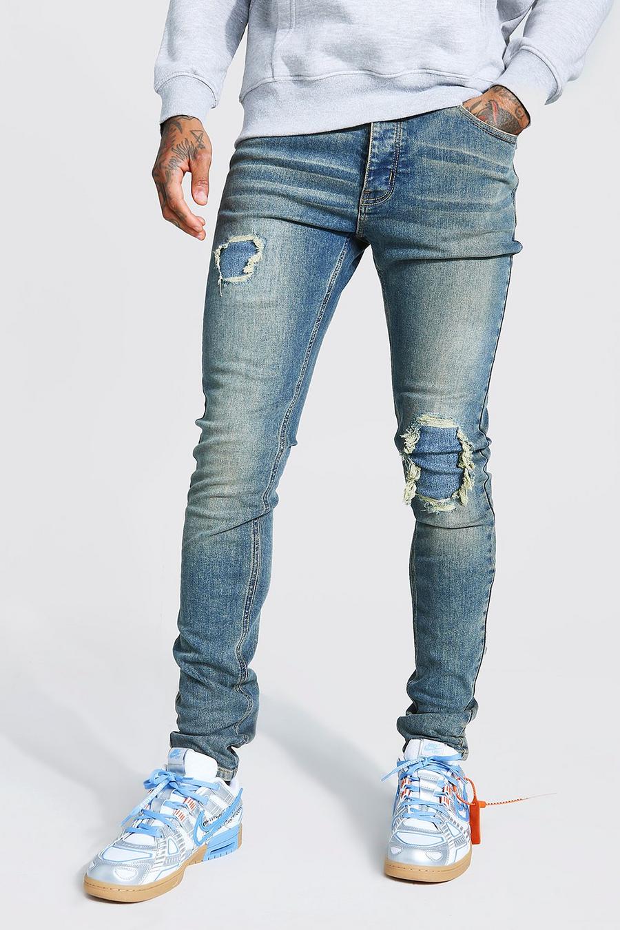 Antique blue Skinny Exploded Knee Stacked Jeans image number 1
