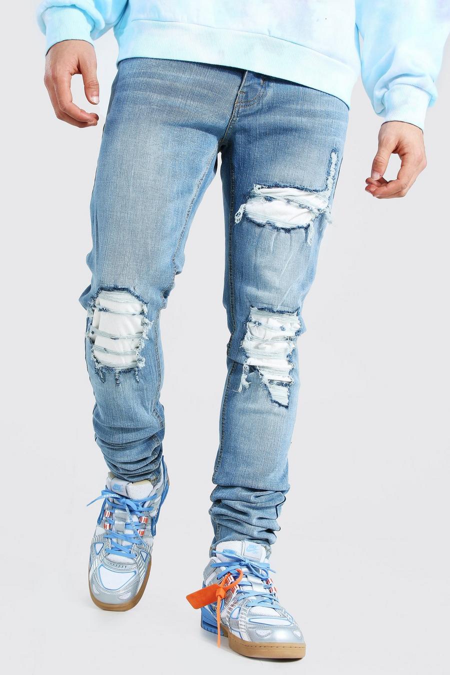 Mid blue Skinny Stretch Stacked Cord Rip And Repair Jean image number 1