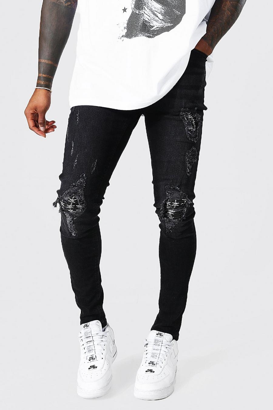Super Skinny Jeans mit Stacheldraht-Print an Rissen und Flicken, Verwaschenes schwarz image number 1