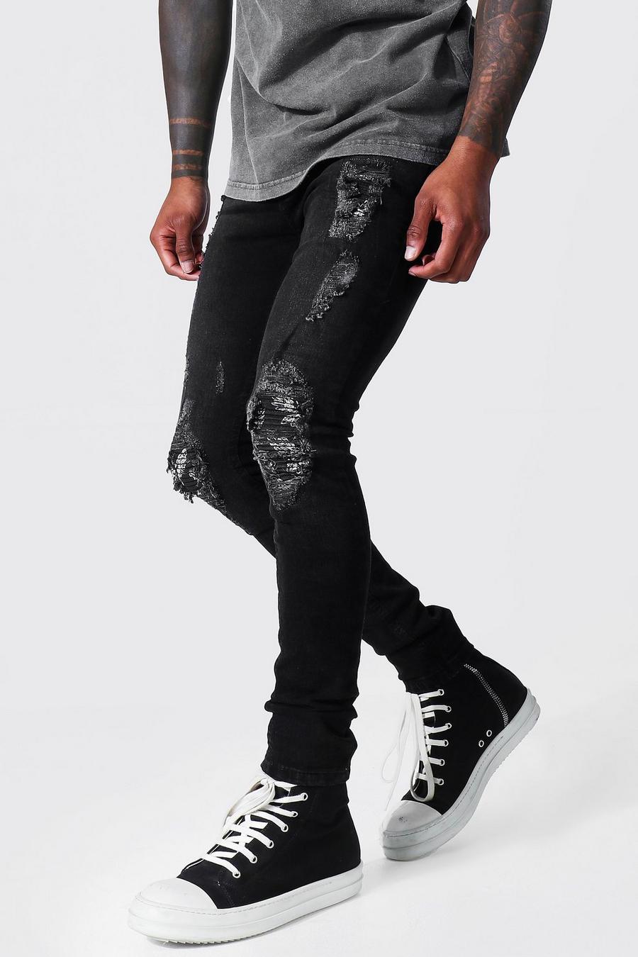 Super Skinny Biker Jeans mit Rissen, Flicken und Tauben-Print, Verwaschenes schwarz image number 1