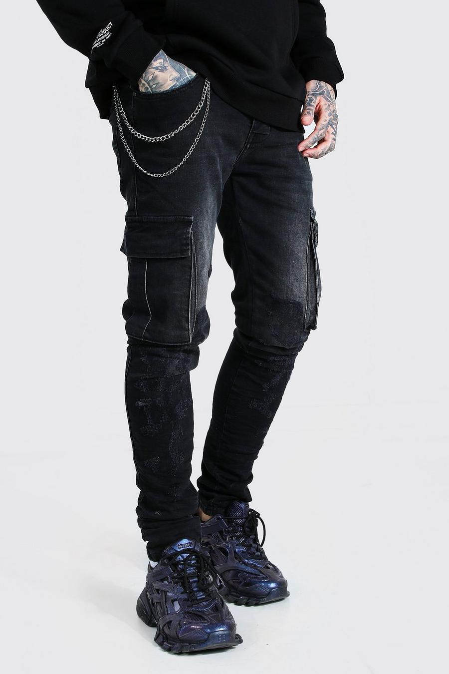 Washed black Skinny Stacked Distressed Chain Cargo Jean image number 1