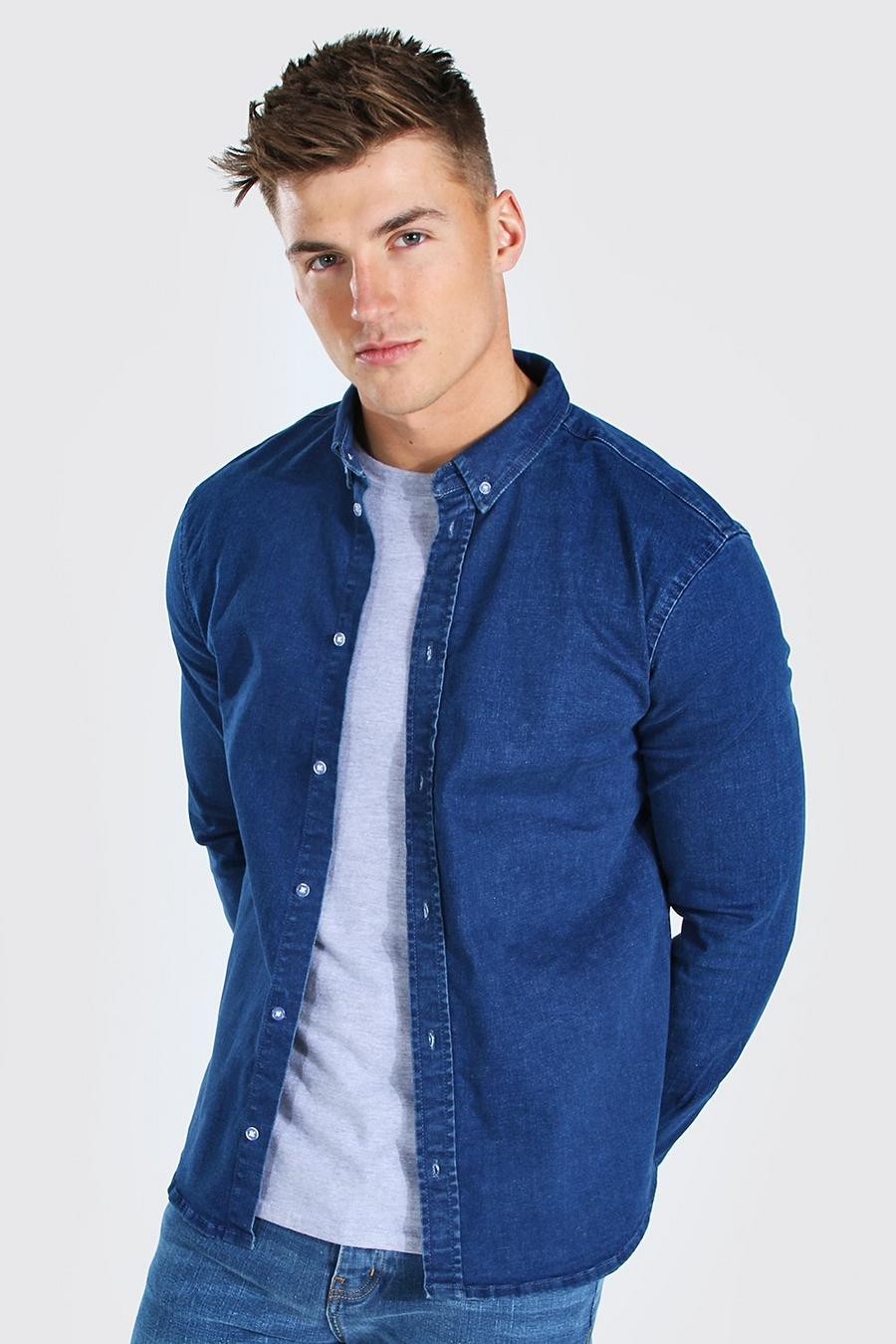 כחול ביניים חולצה מבד ג'ינס שרוול ארוך לגוף שרירי image number 1