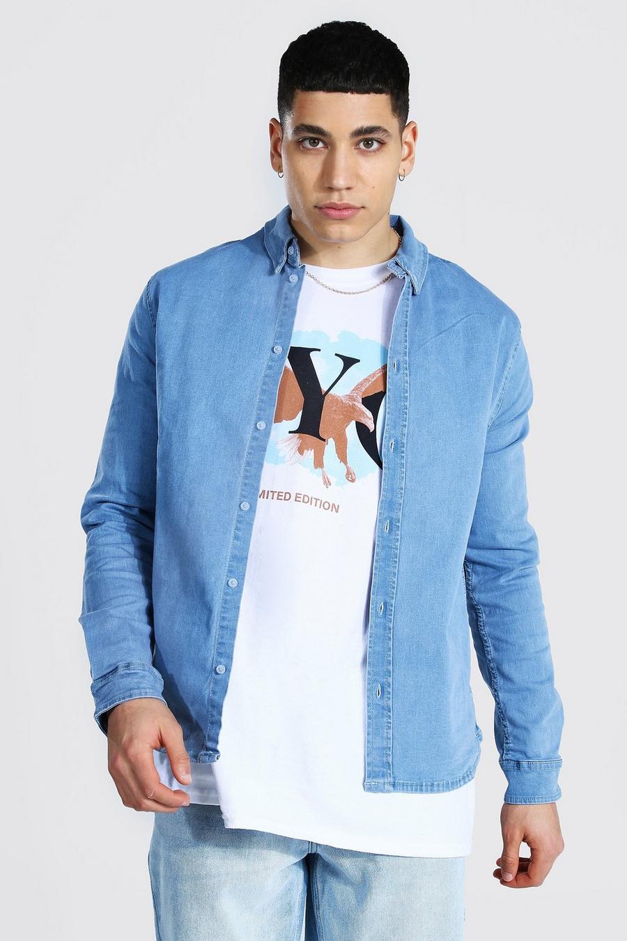 Camiseta vaquera de manga larga marcada, Azul claro image number 1