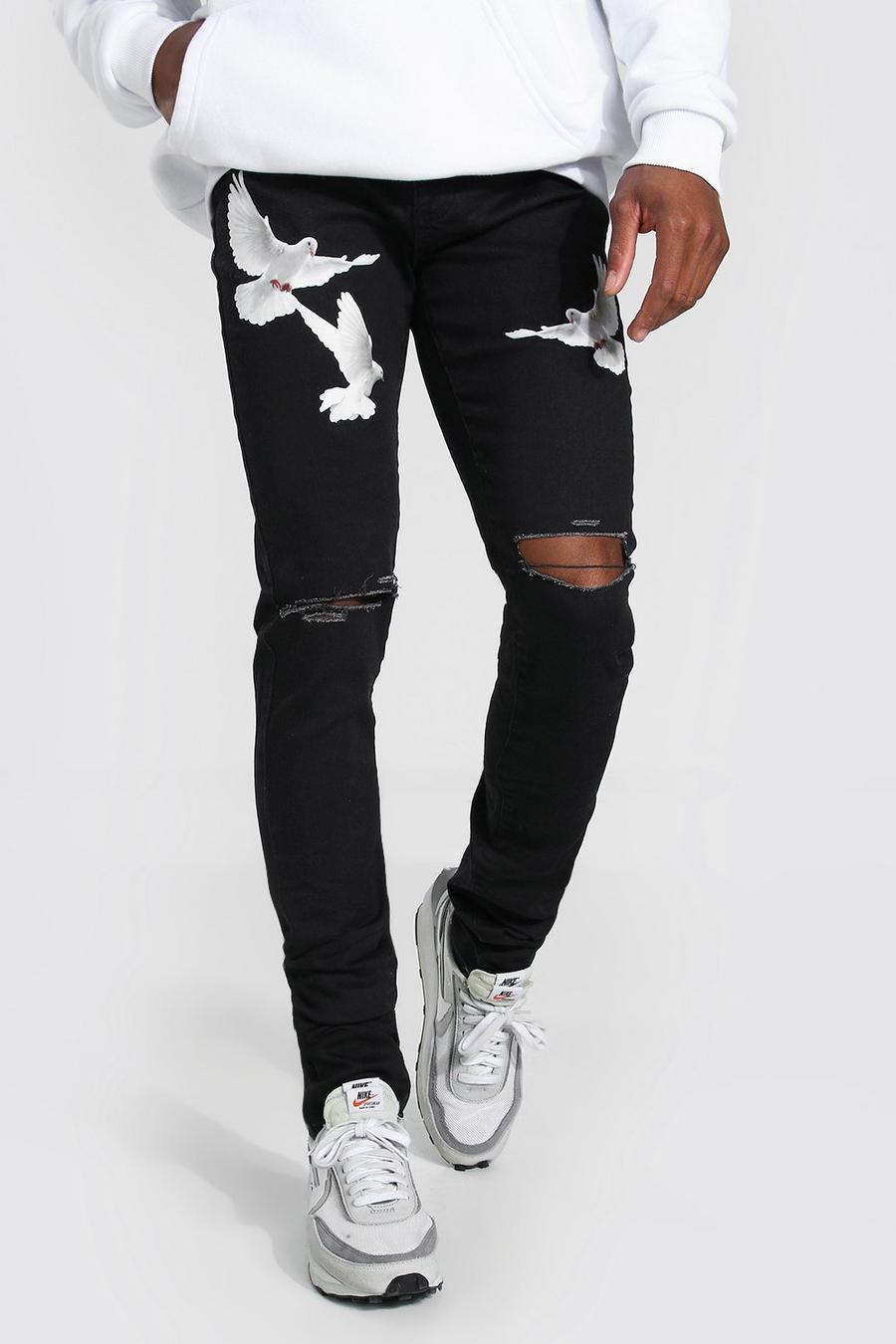 Jeans Skinny Fit in Stretch con stampa di colomba e pieghe sul fondo, Nero effetto lavato