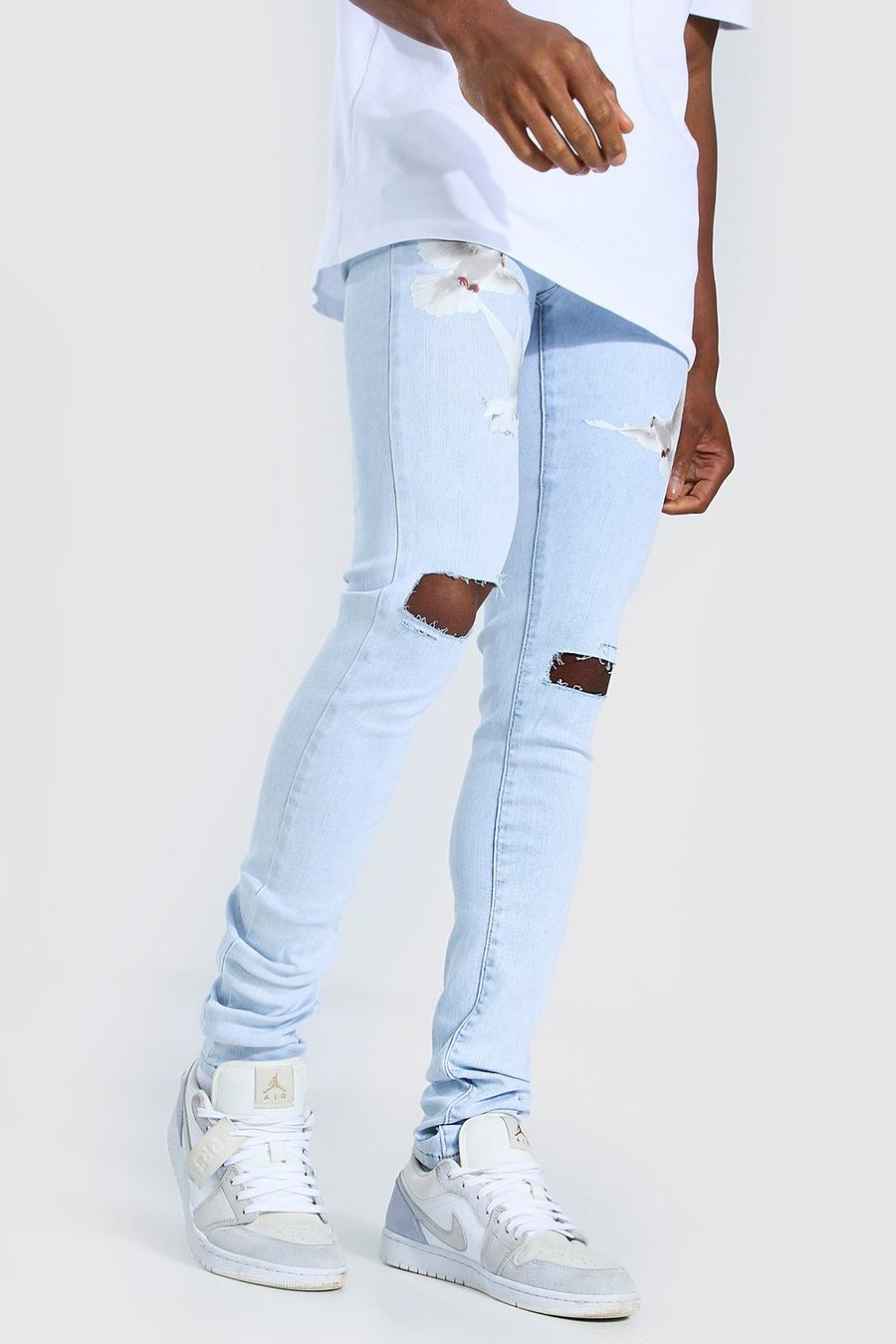 כחול קרח סקיני ג'ינס מבד נמתח עם הדפס יונים image number 1