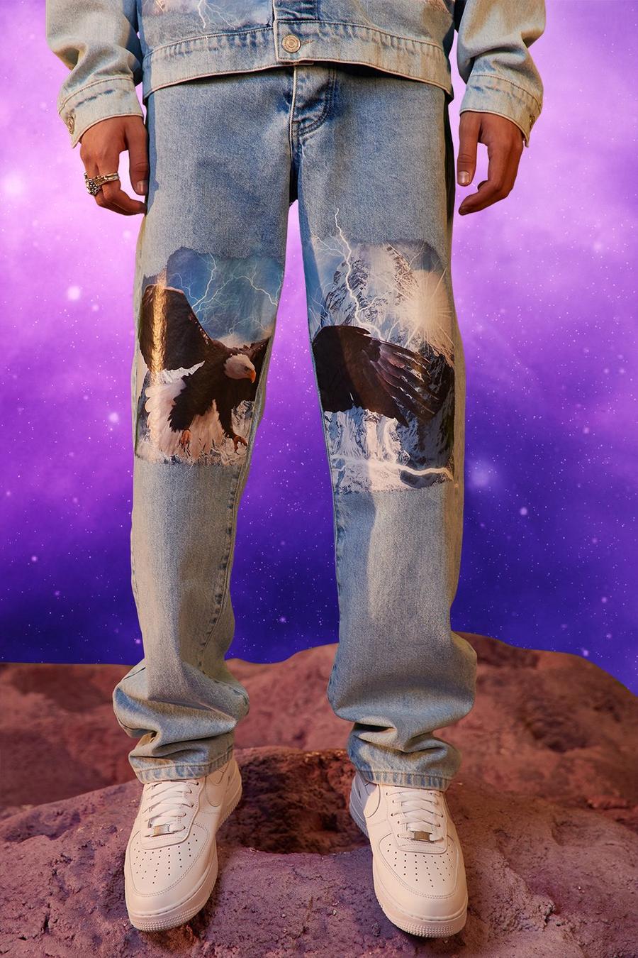 Relaxed Fit Eagle Print Jeans, Light blue image number 1