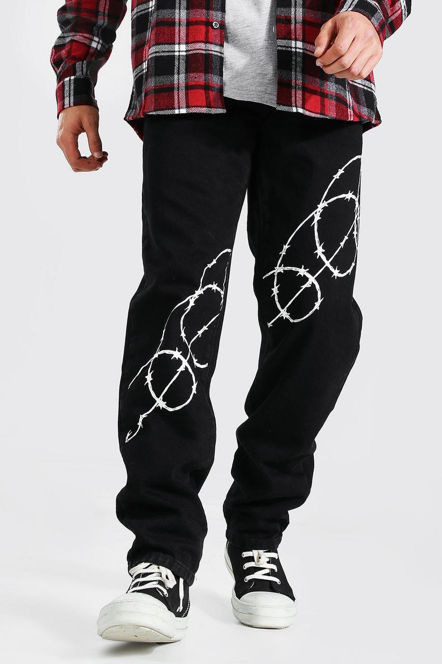 Washed black Relaxed Fit Barbed Wire Print Jean image number 1