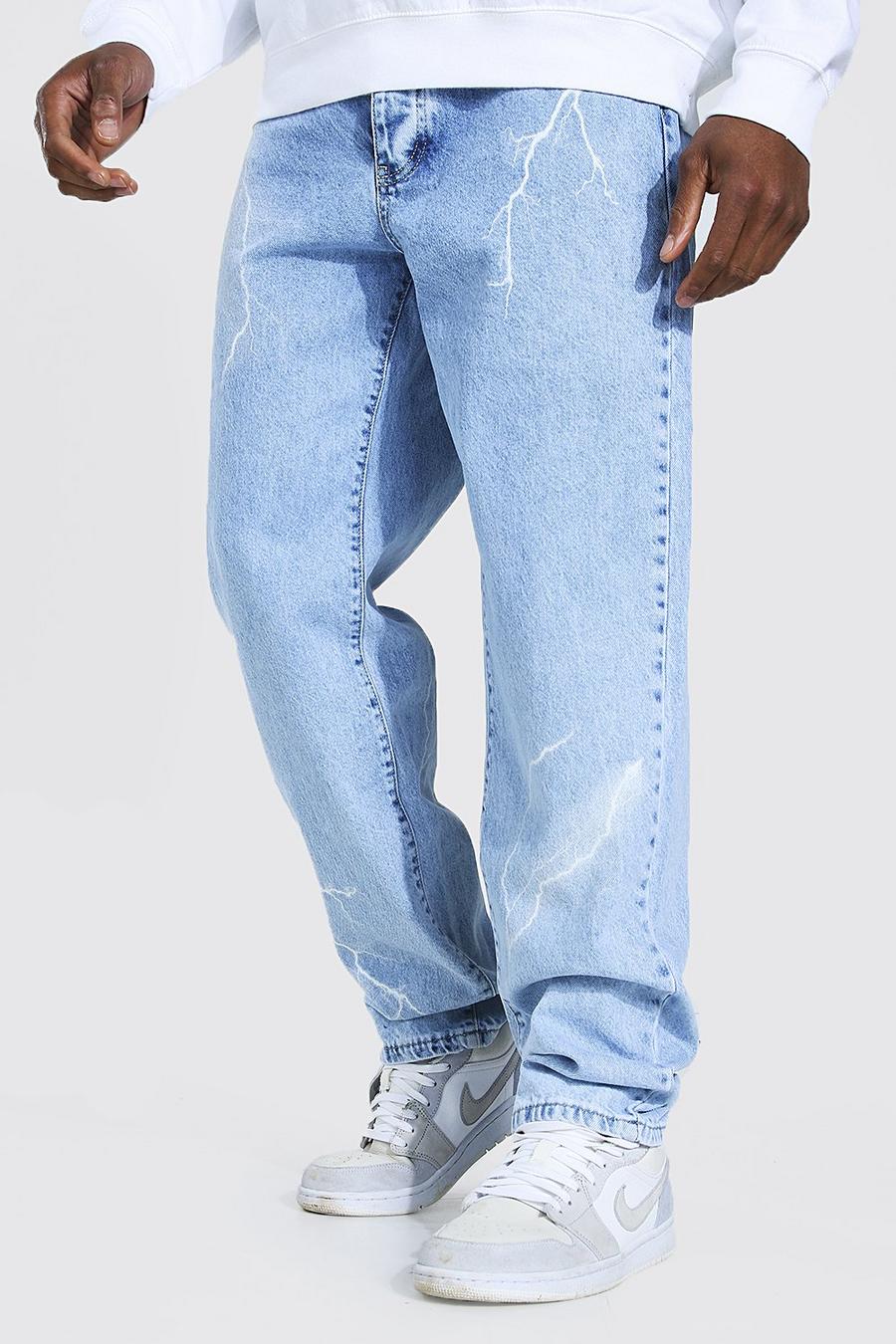 כחול קרח ג'ינס בגזרה משוחררת עם הדפס ברקים image number 1