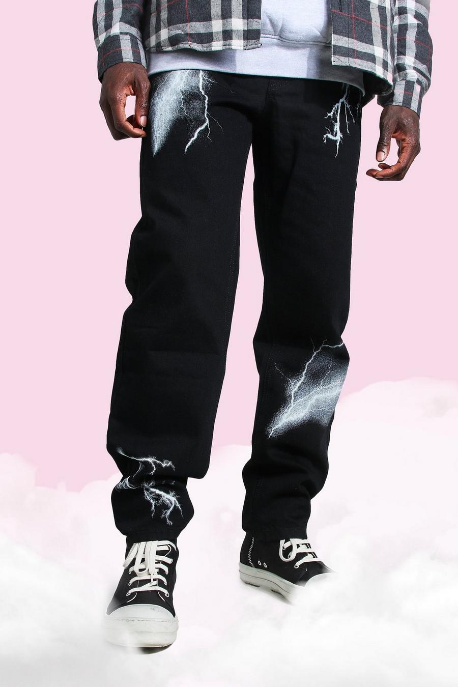 Black svart Relaxed Fit Lightning Print Jeans image number 1