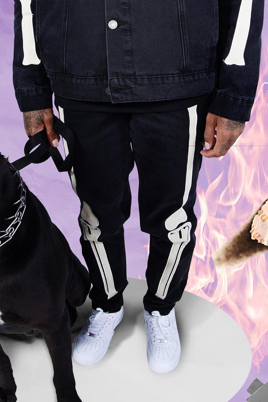Steife Skinny Jeans mit Skelett-Applikation, Echtes schwarz image number 1